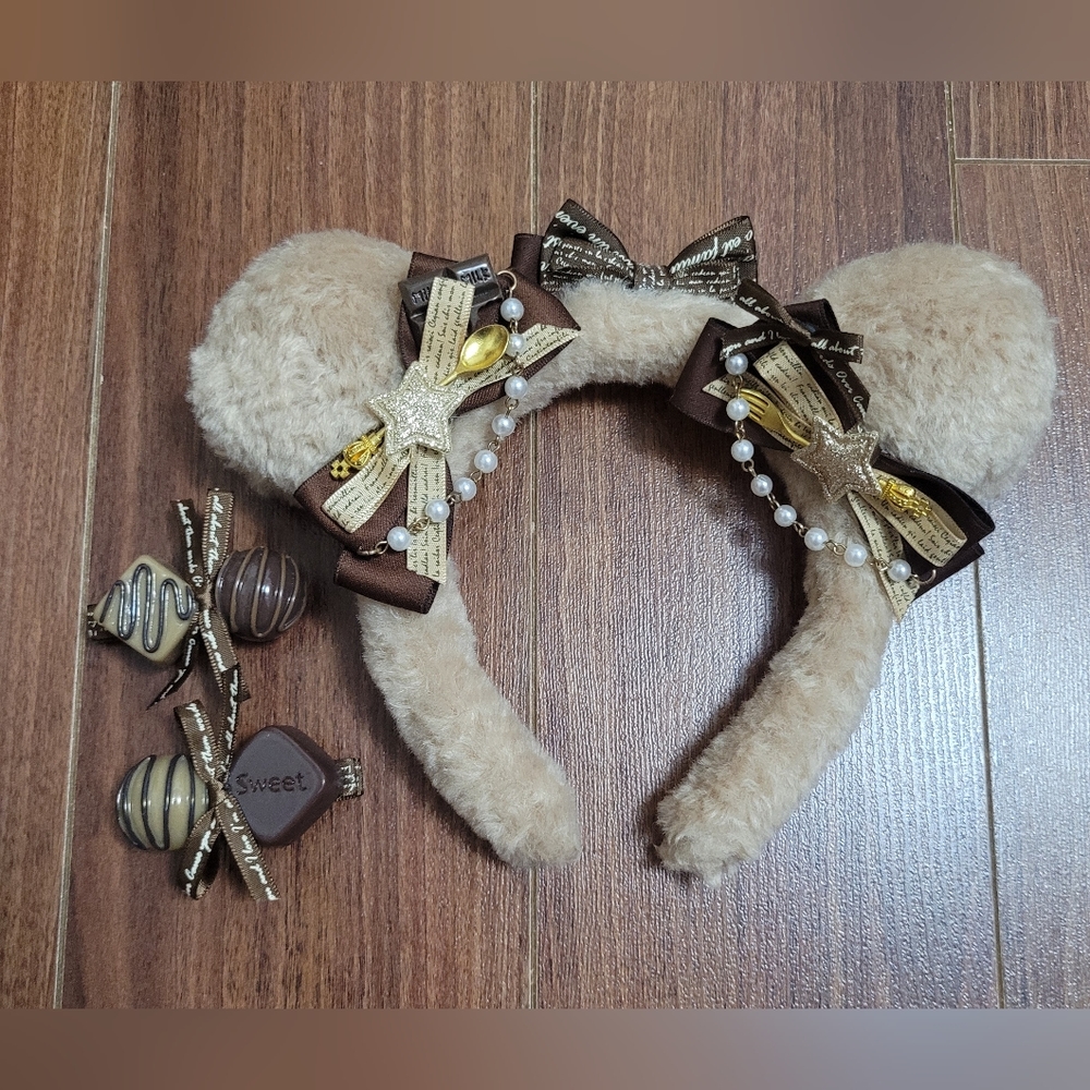 Chocolate Bear Ear Headband and Chocolate Hair Clips x2
